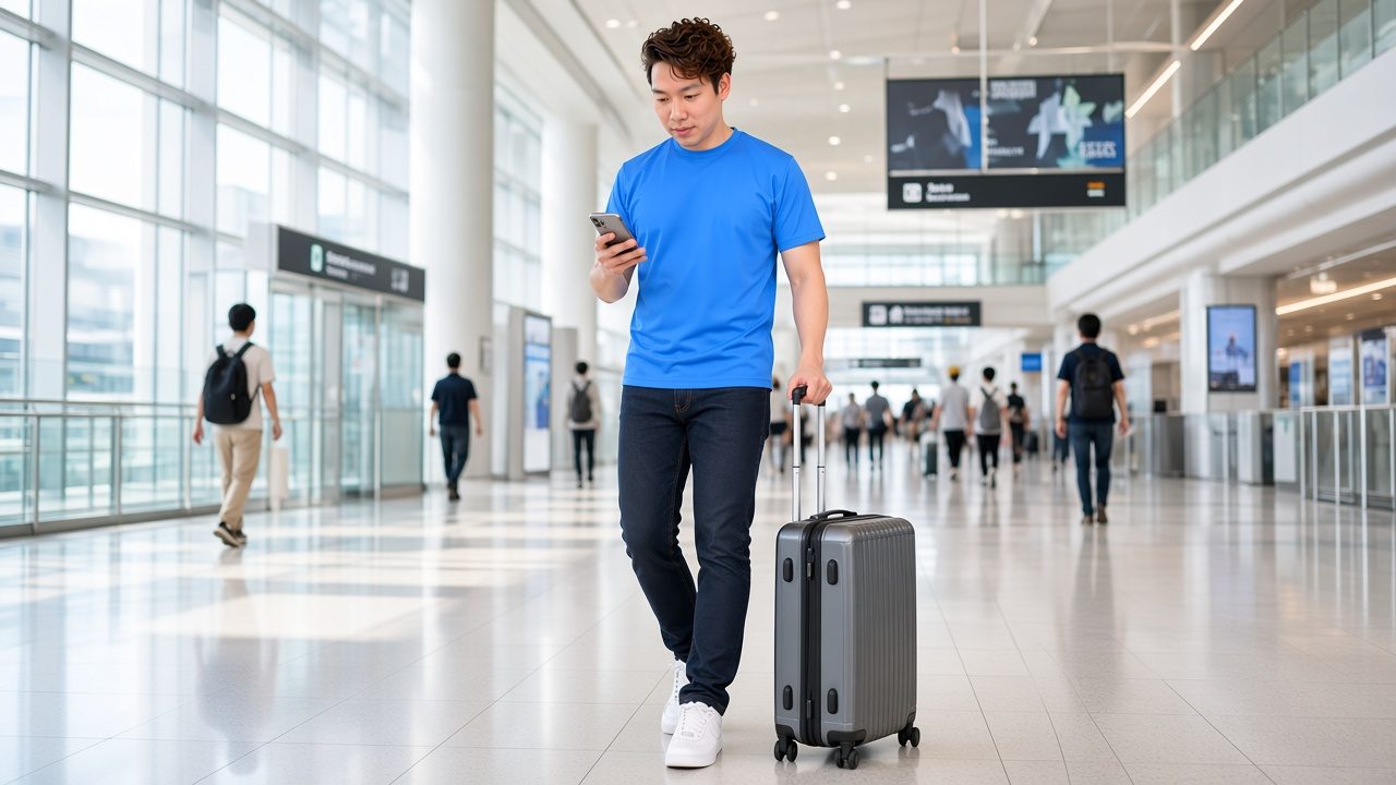 AI-generated image: Jon Ng pulling a suitcase through a Japanese airport arrivals hall while checking his phone