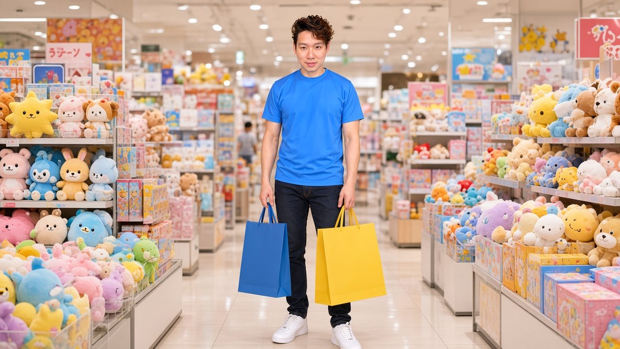 AI-generated image: Jon Ng holding shopping bags on a department store toy and character-goods floor in Tokyo