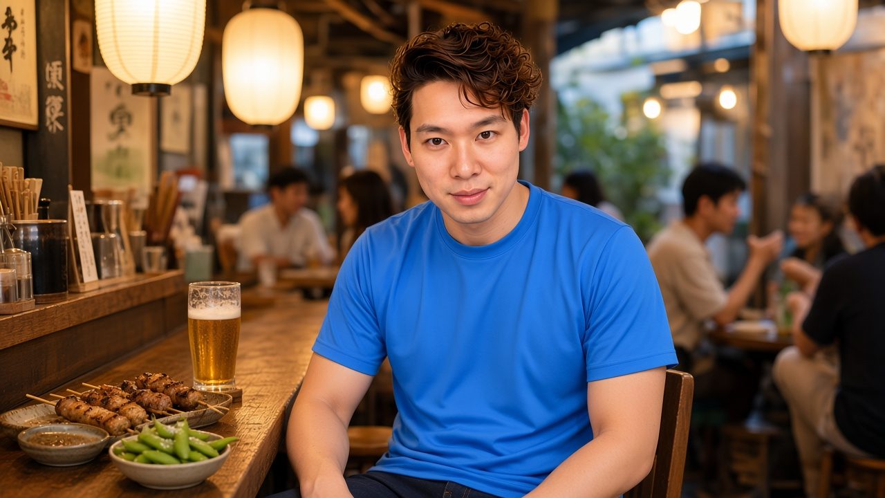 AI-generated image: Jon Ng at a wooden izakaya counter with yakitori skewers, edamame and a beer