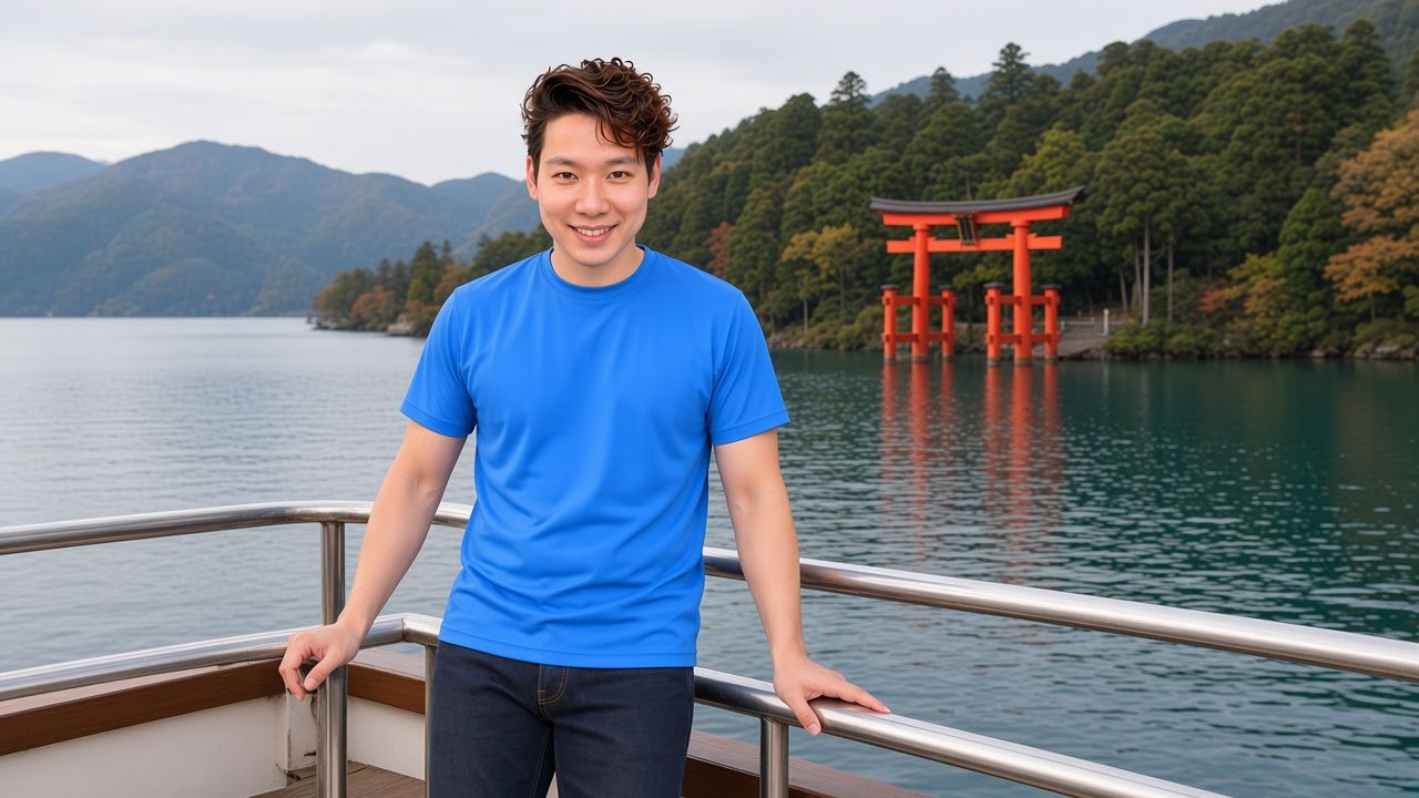 AI-generated image: Jon Ng by Lake Ashi in Hakone with a red torii gate in the water
