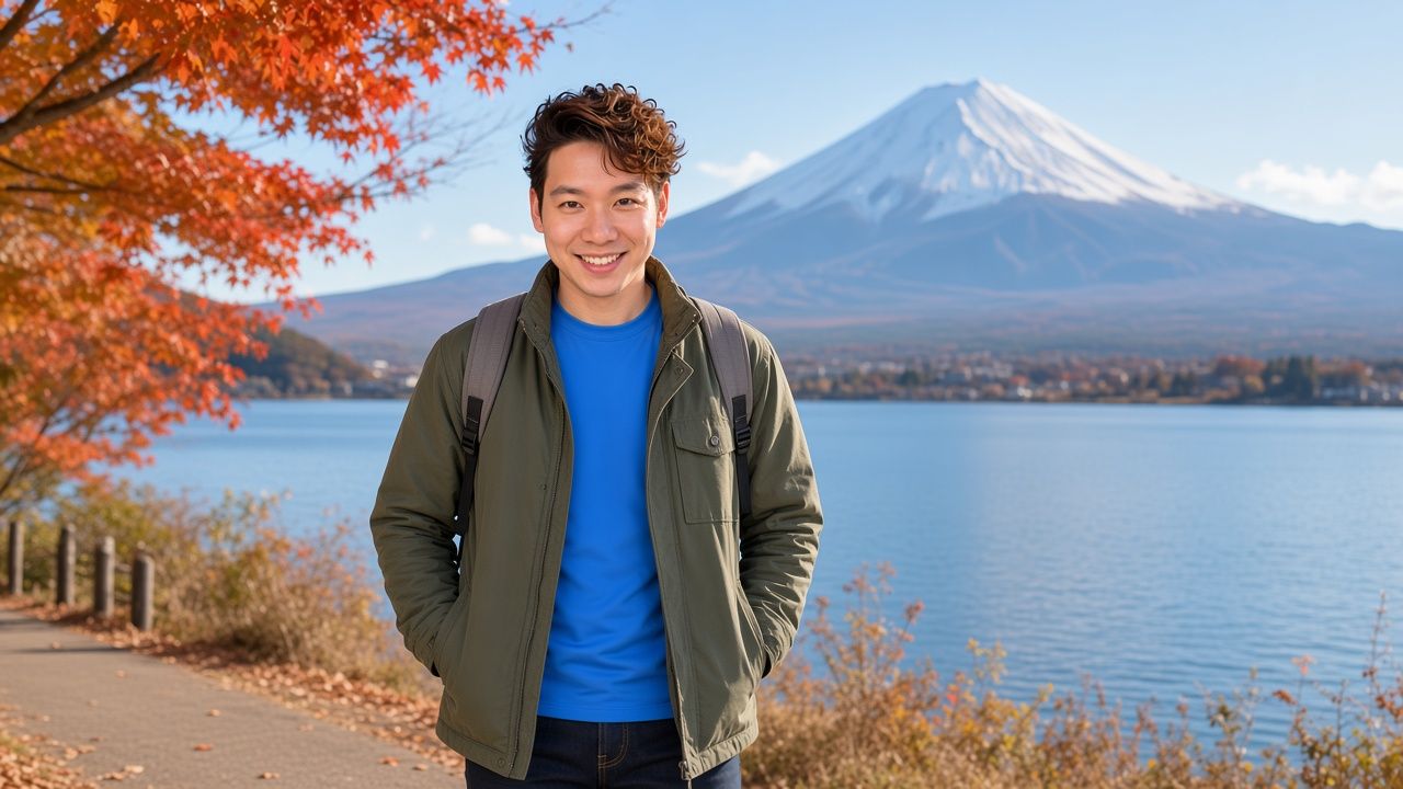AI-generated image: Jon Ng on the shore of Lake Kawaguchiko with Mt Fuji behind