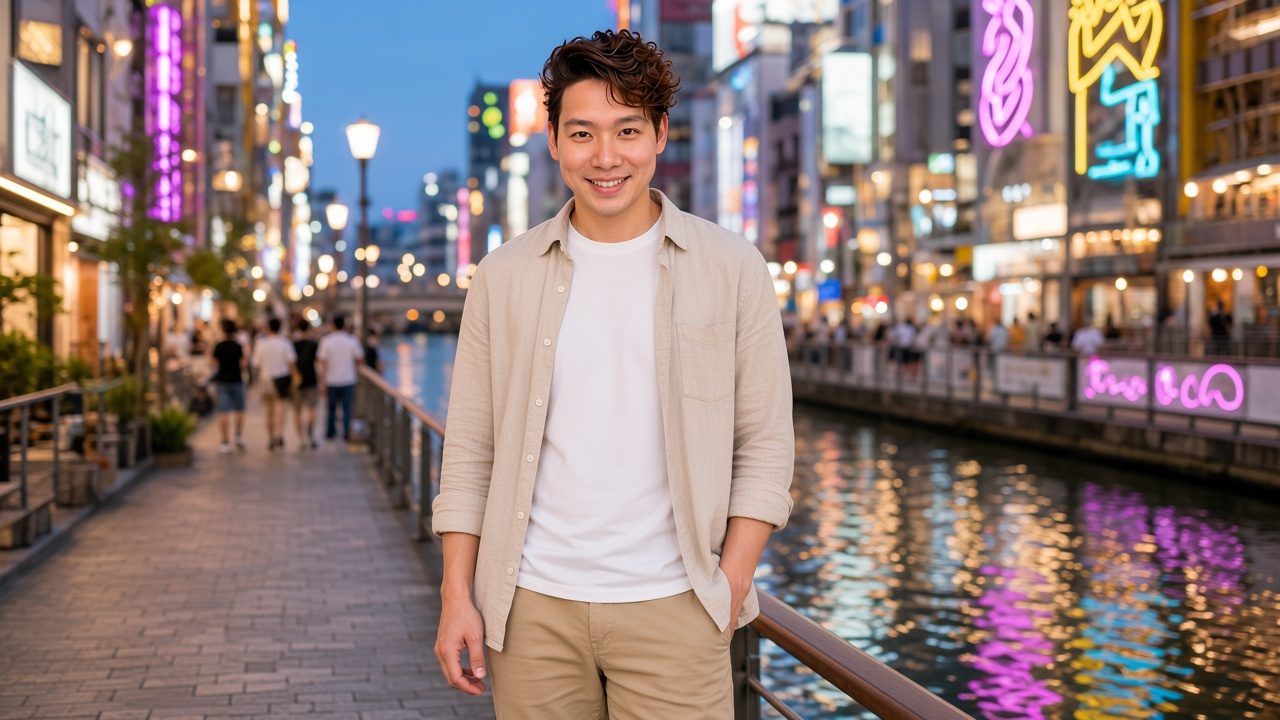 AI-generated image: Jon Ng standing beside the Dotonbori canal in Osaka at dusk, with neon signs reflected in the water