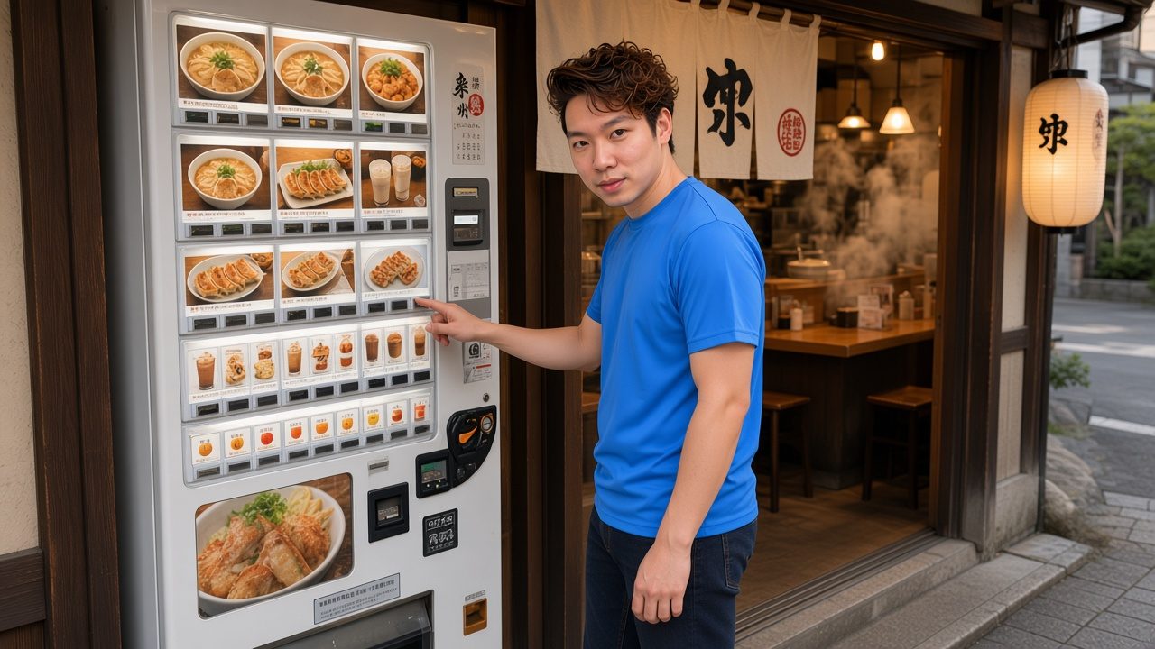 AI-generated image: Jon Ng choosing a meal on the ticket vending machine outside a small ramen shop