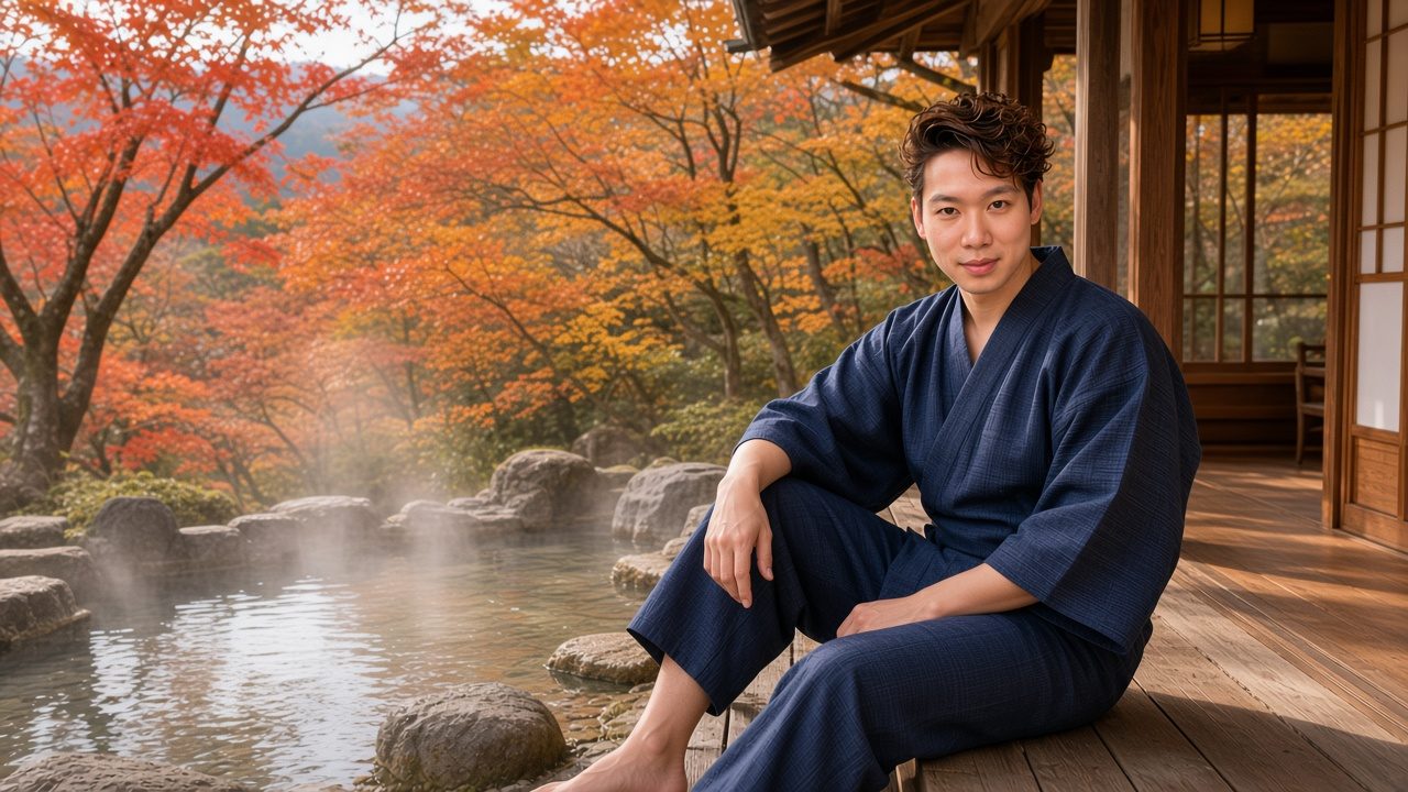 AI-generated image: Jon Ng in a navy yukata sitting on a ryokan veranda beside a steaming outdoor onsen bath and autumn maples