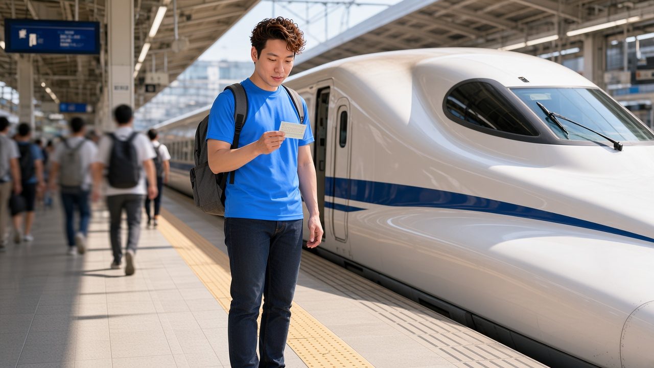 AI-generated image: Jon Ng checking a paper ticket on a shinkansen platform beside a white and blue bullet train