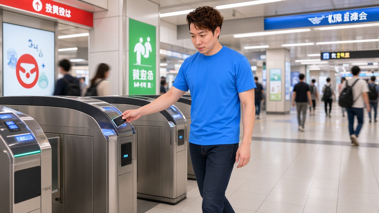 AI-generated image: Jon Ng tapping through a ticket gate in a Tokyo subway station