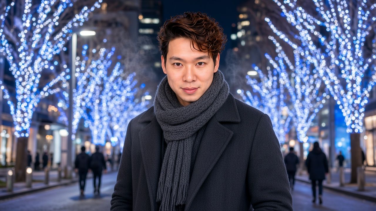 AI-generated image: Jon Ng on a Tokyo street lined with blue and white winter illuminations